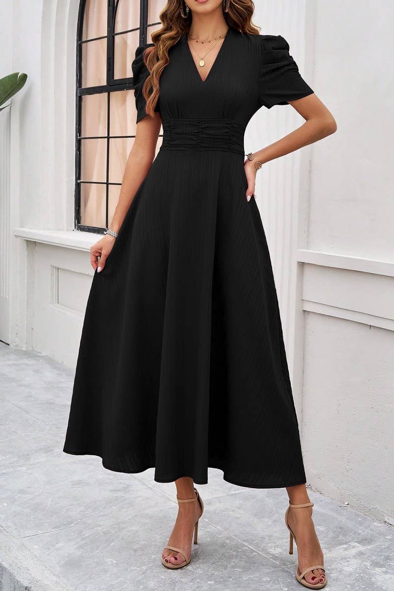 CWDMD5340_V-NECK ELEGANT SOLID COLOR HIGH WAIST DRESS