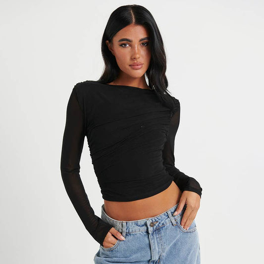 ROUND NECK SOLID COLOR MESH PLEATED CROP TOP