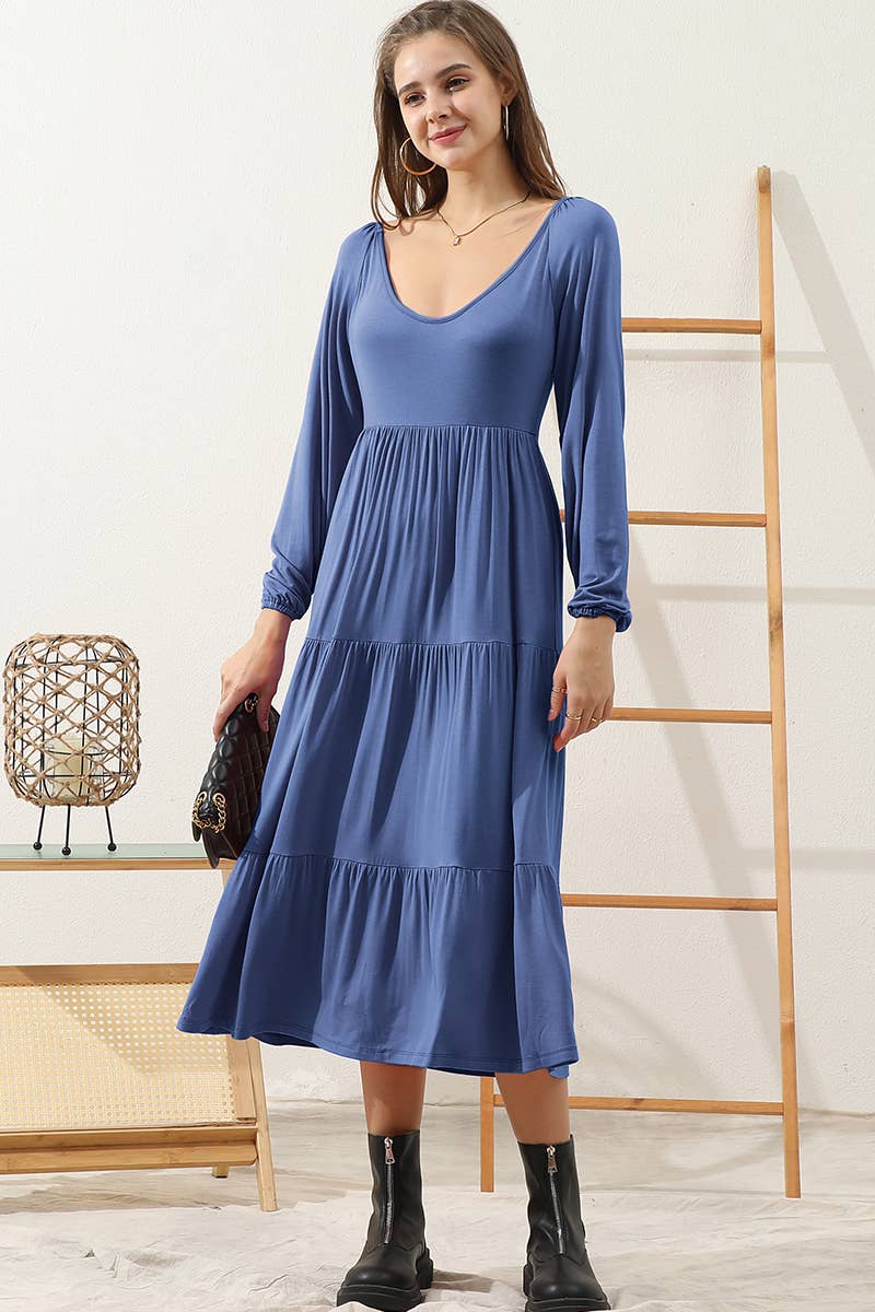 CWDMD801_ROUND NECK TIRED CASUAL RUFFLE MAXI SOLID DRESS
