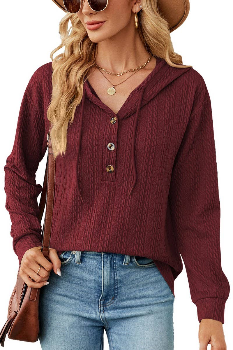 CWOHOL0475_Casual V-Neck Hoodie Long Sleeve Top