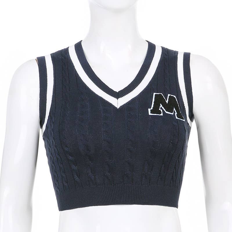 SLEEVELESS LETTER COLOR PATCHWORK V-NECK VEST