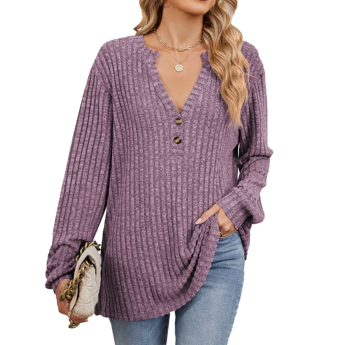 V-NECK BUTTON-DOWN LONG SLEEVED LOOSE T-SHIRT