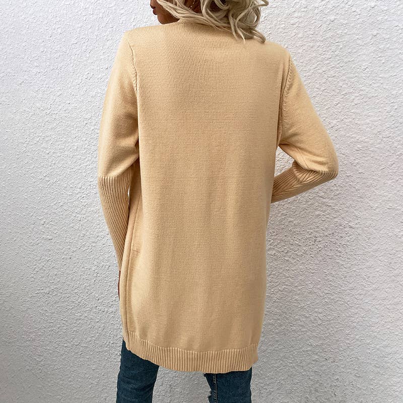 SOLID COLOR POCKET KNIT LONG UNBUTTONED CARDIGAN