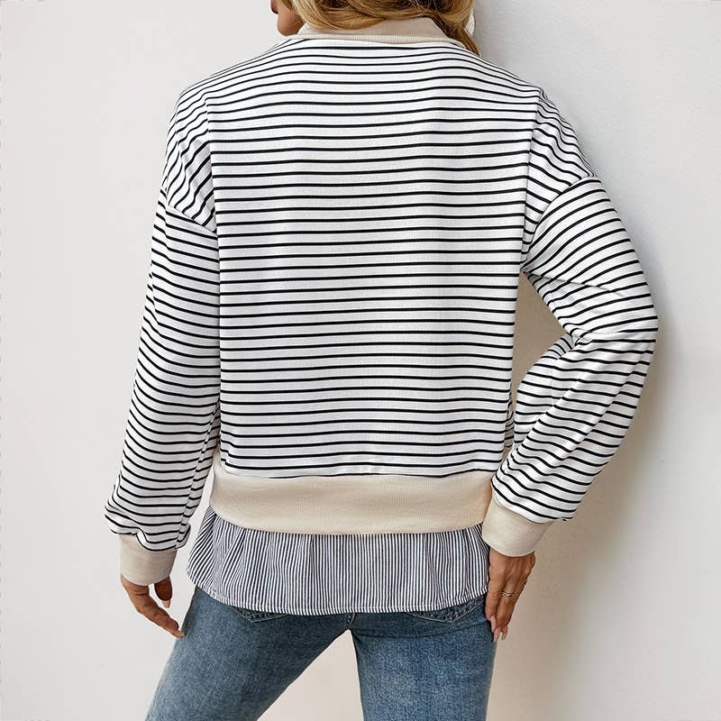 Round-neck striped patchwork fake two-piece top
