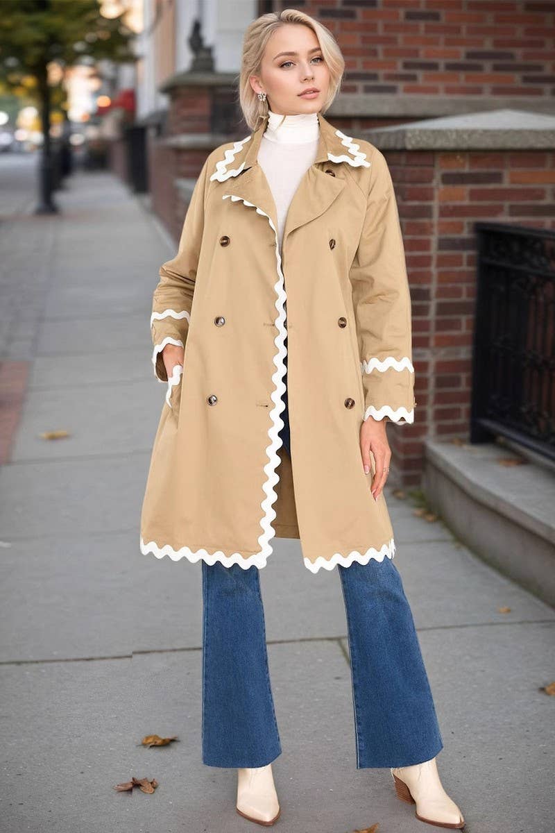 CWOCO1280_WHITE RUFFLED COLLAR DOUBLE-BREASTED BELTED COATS