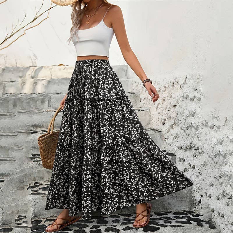 Small floral belt three-layer splicing long skirt