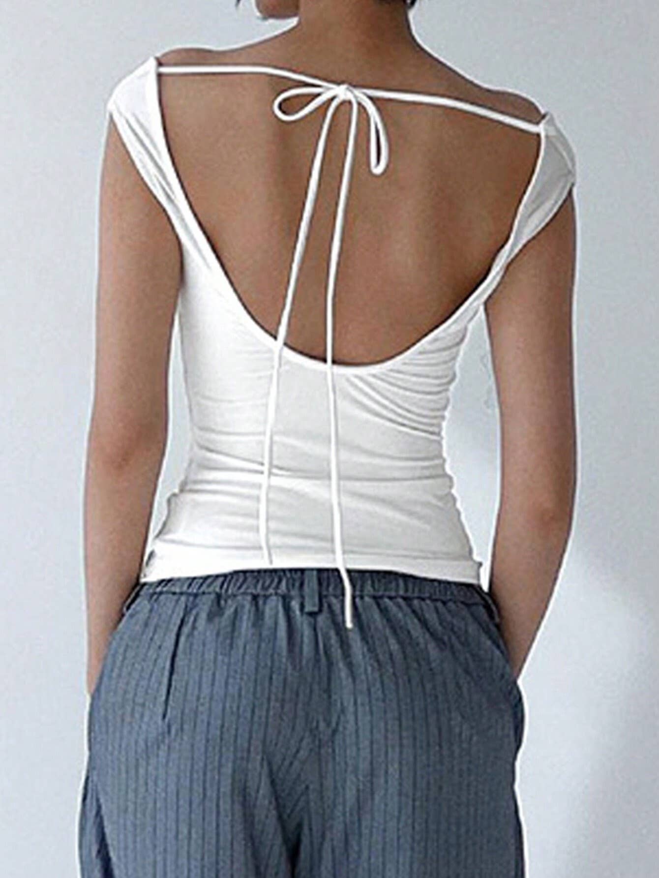 LINE NECK T-SHIRT HALTER STRAP SHORT-SLEEVED TOP