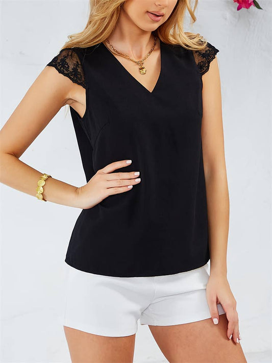 Lace stitching through V-neck blouse