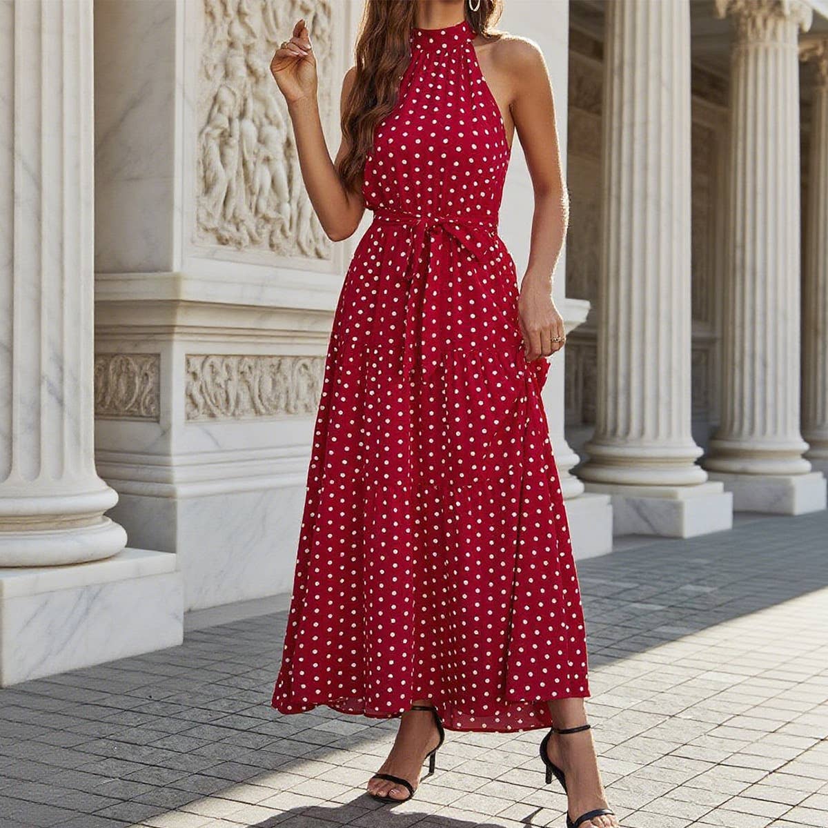 Polka dot printed bouquet ribbon halter dress