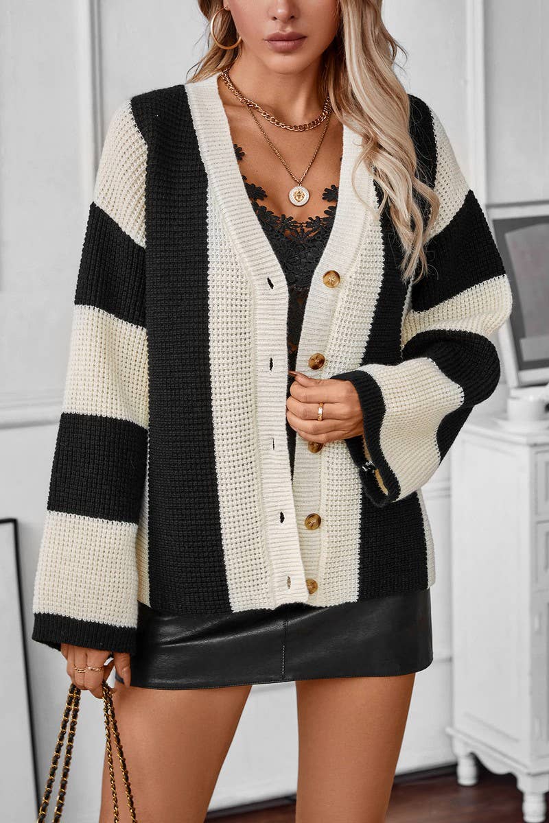 CWOCAL0833_CONTRAST STRIPE LOOSE CARDIGAN SWEATER
