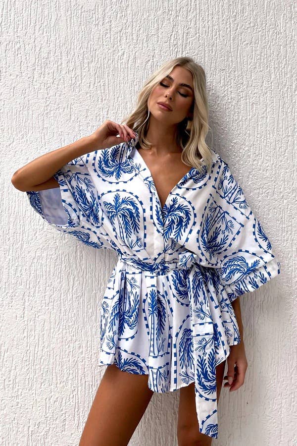 Waist-cinched lace-up V-neck geometric jumpsuit