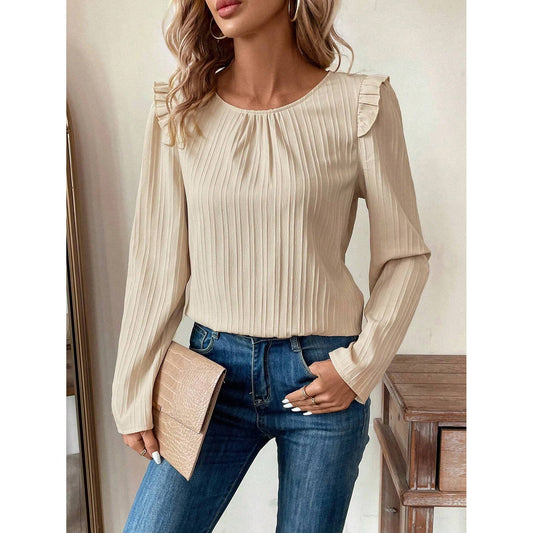 ROUND NECK BORDER AND RUFFLED BACK BUTTON SHIRT