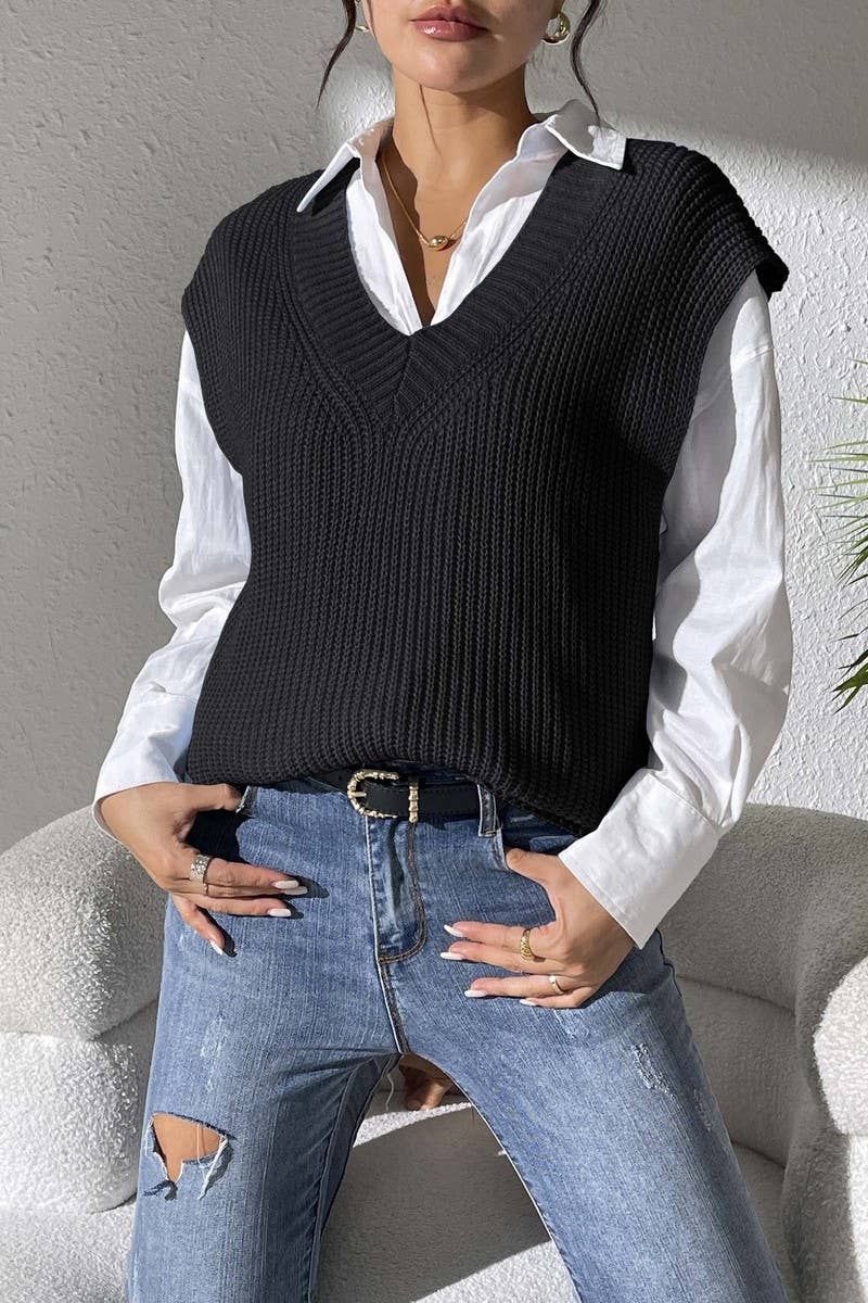 CWOSWL07396_)WOMEN V NECK KNIT SWEATER VEST TOP