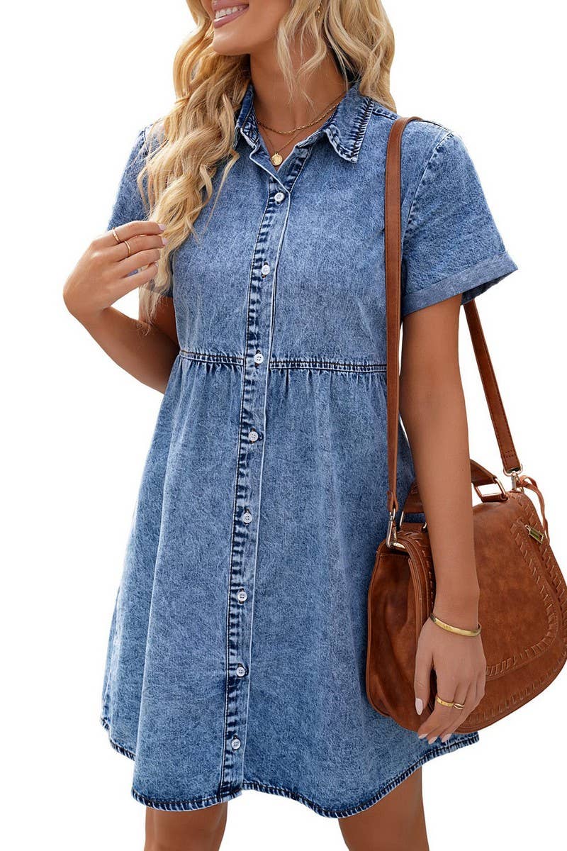 CWDSD5998_DENIM CASUAL SHORT-SLEEVED MIDI DRESS