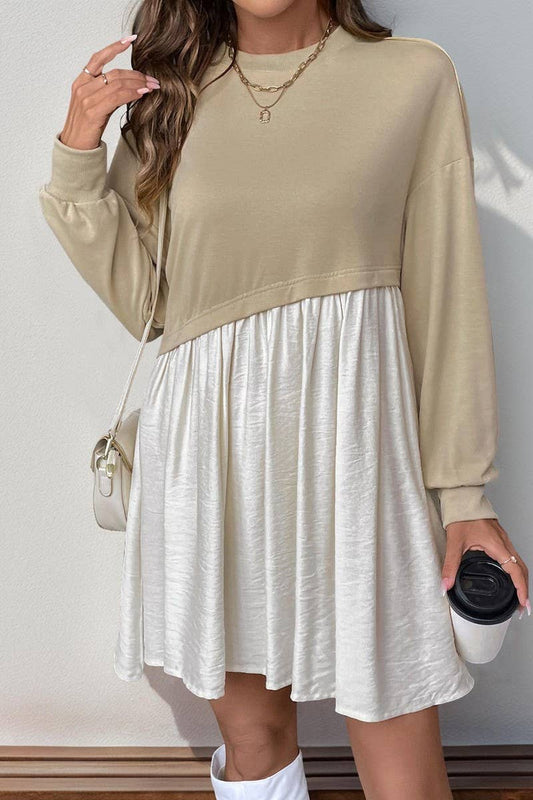 CWDSD6208_ROUND NECK CONTRAST COLOR PANEL LONG SLEEVE DRESS