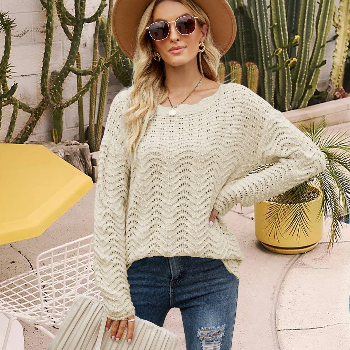 Hollowed-out pullover lace line neck sweater