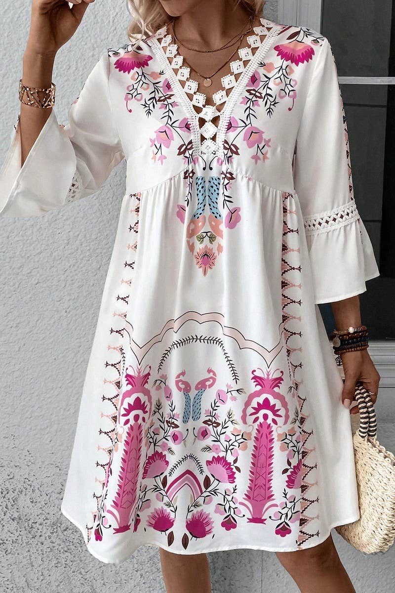 CWDMD4946_SUMMER V-NECK LACE PATCHWORK CASUAL PRINT DRESS