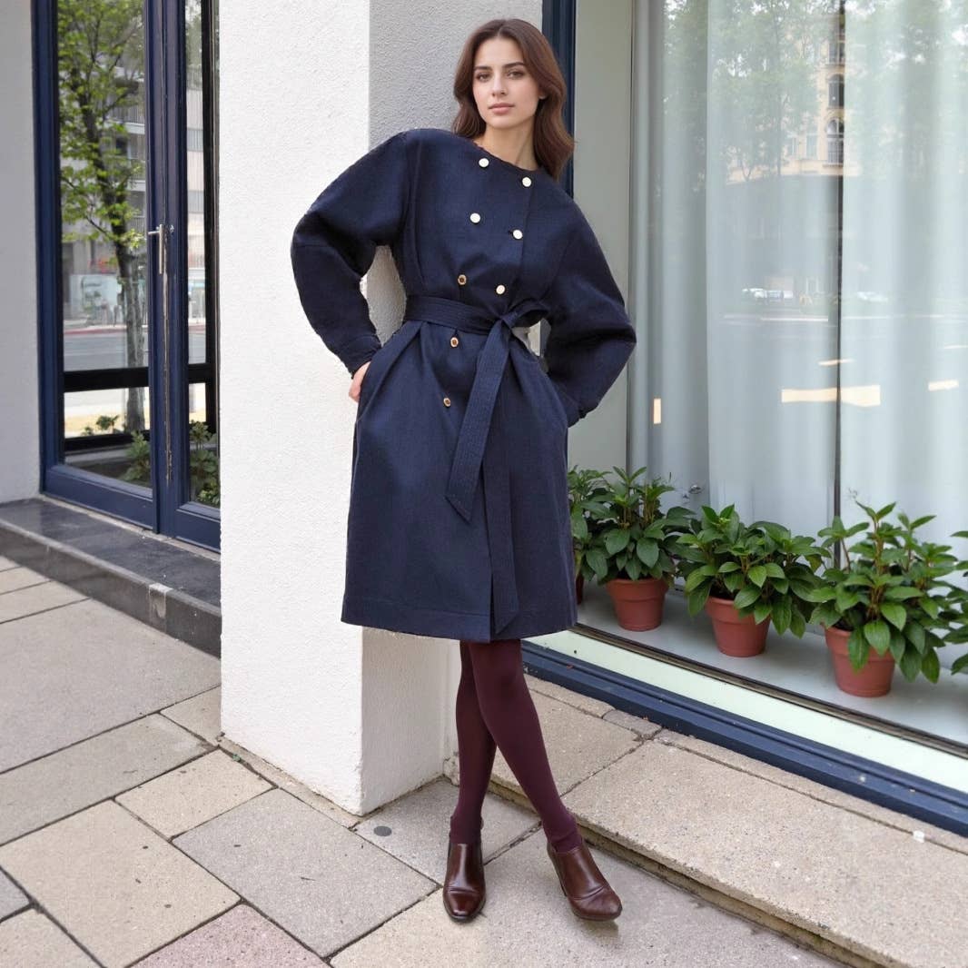 Elegant round-neck double metal -breasted coat