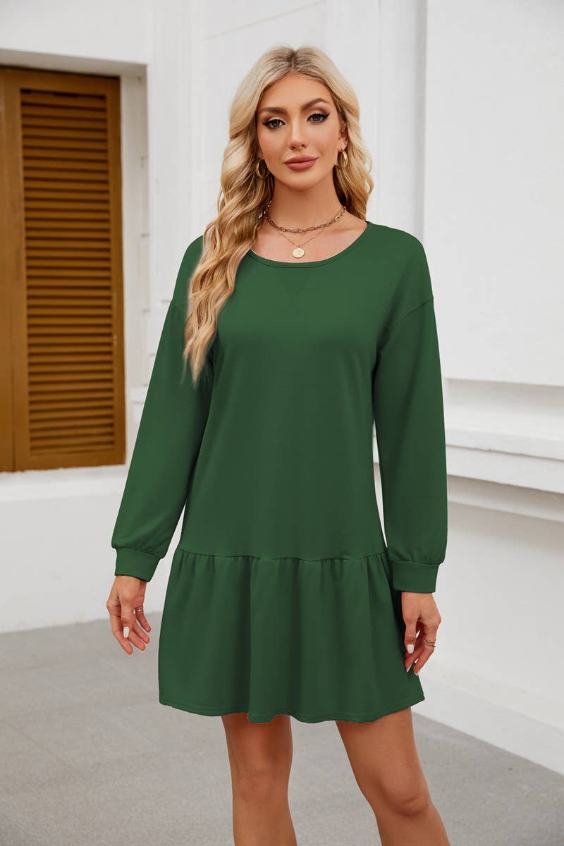 ROUND NECK LONG SLEEVE SOLID COLOR SHORT DRESS