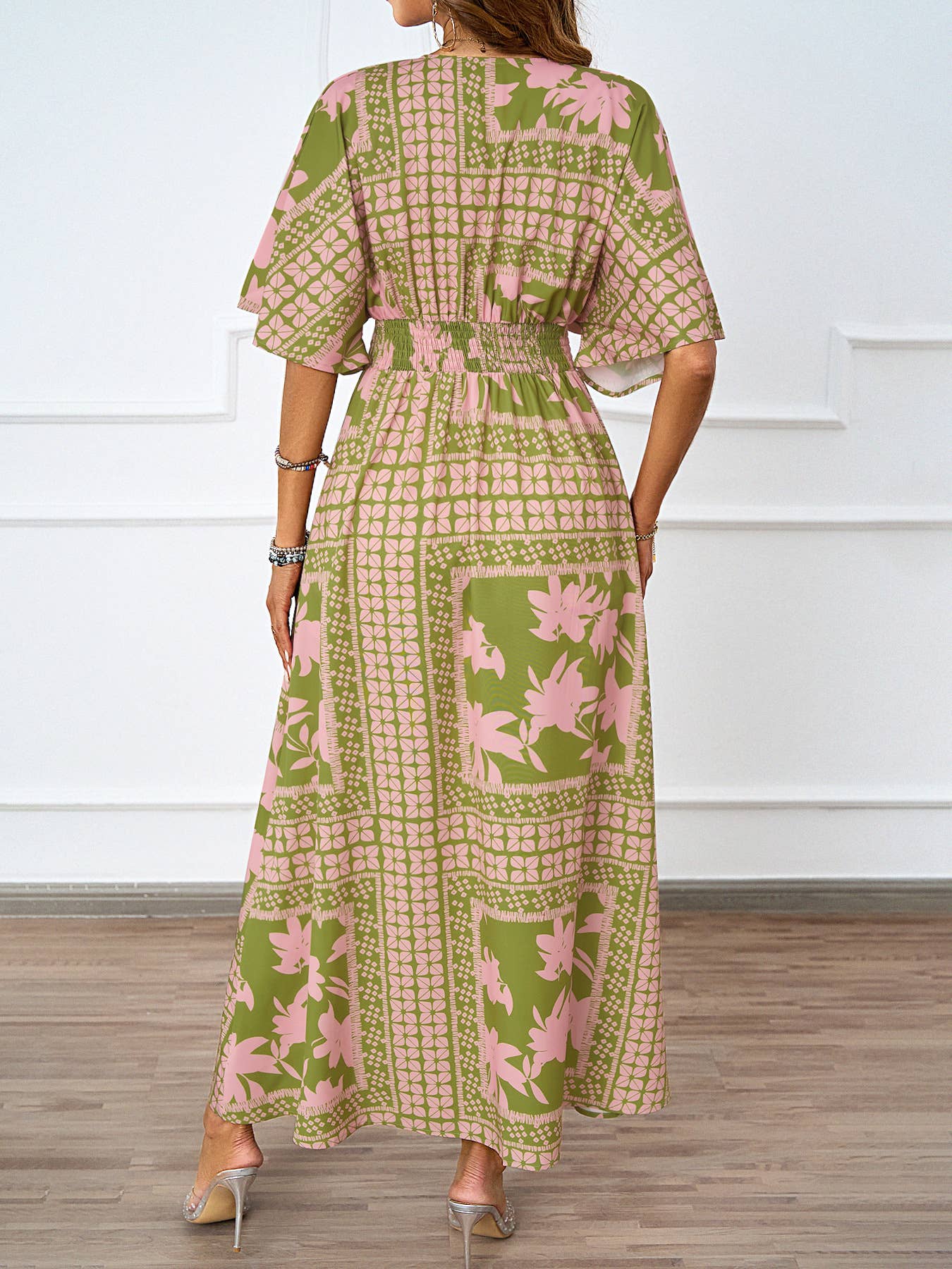 SEXY V-NECK SHORT SLEEVE PRINTED WAIST DRESS