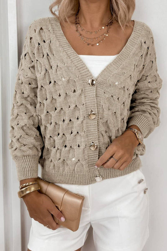 CWOCAL00707_LIGHTWEIGHT VINTAGE V NECK HOLLOW OUT CARDIGAN