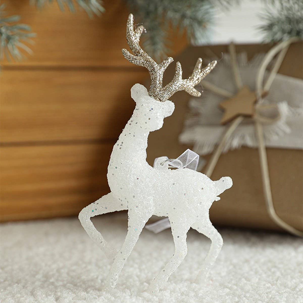 Plastic Flocked Reindeer Glitter Xmas Table Decor_CWMM9692
