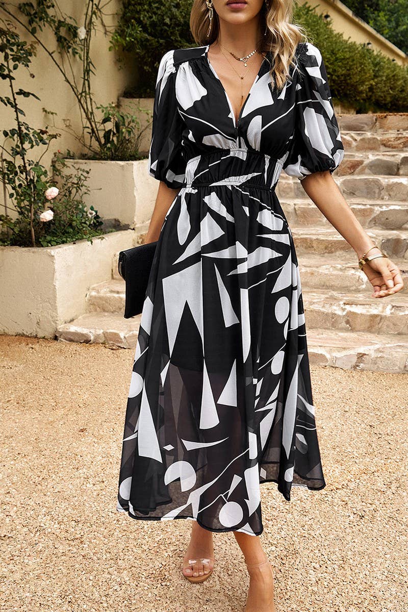 TEMPERAMENT WAIST V NECK PRINTED DRESS_CWDSD2401