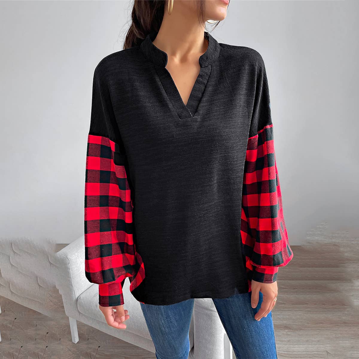 Classic casual patchwork plaid long-sleeved top_cwtbll1768