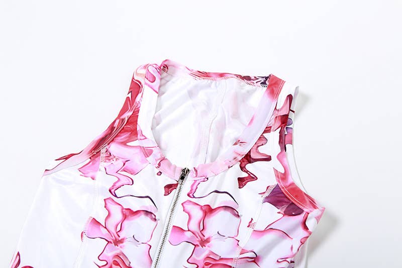 VINTAGE PRINT ZIPPER DESIGN SLEEVELESS BODYSUIT