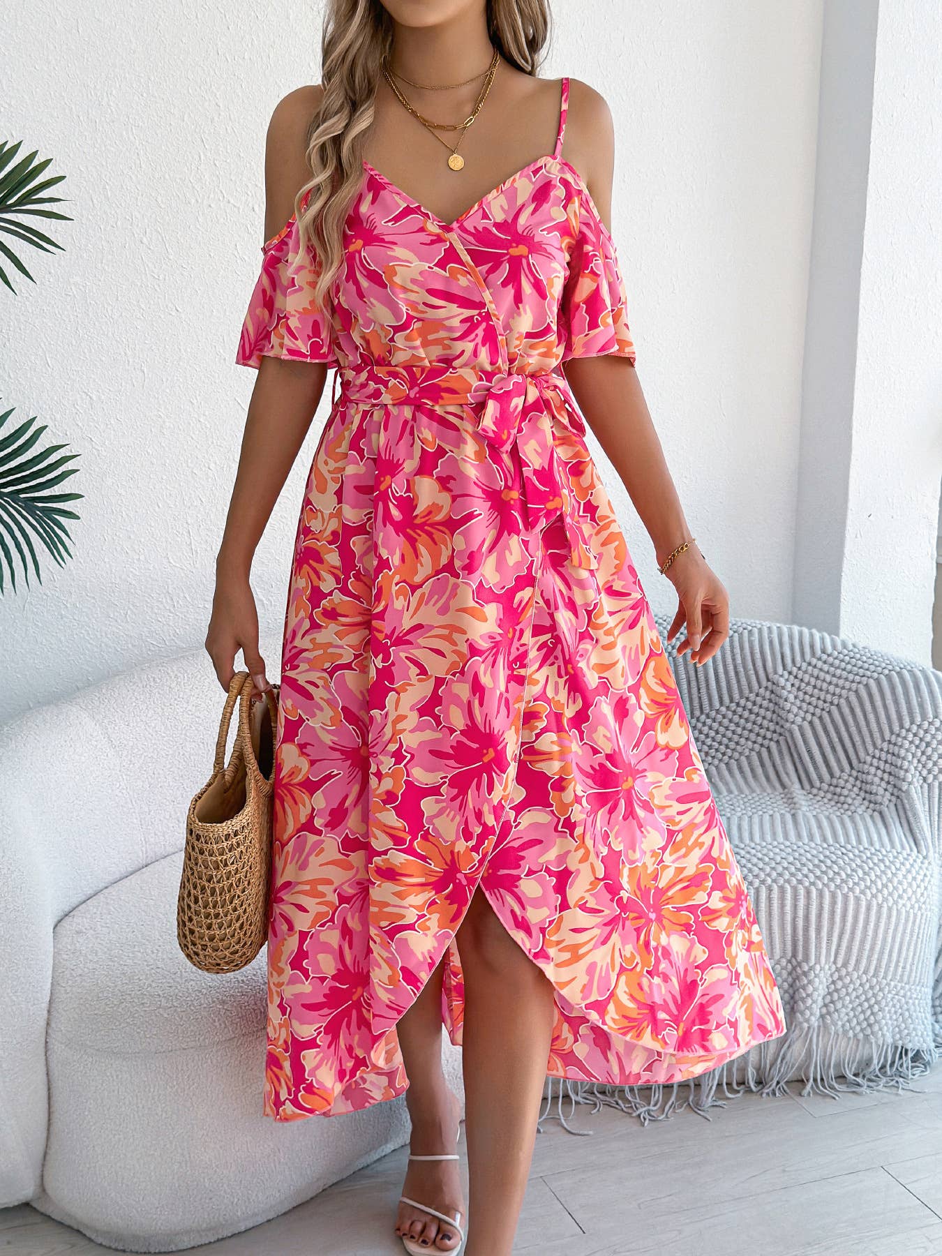 Off-the-shoulder cross-neck printed halter dress