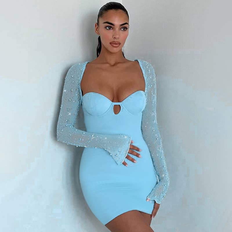 Sexy Beaded Long Sleeve Bodycon Mini Dress