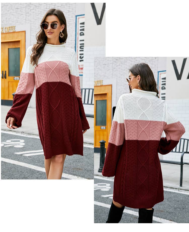 LONG SLEEVE SWEATER DRESS IN CONTRASTING COLORS