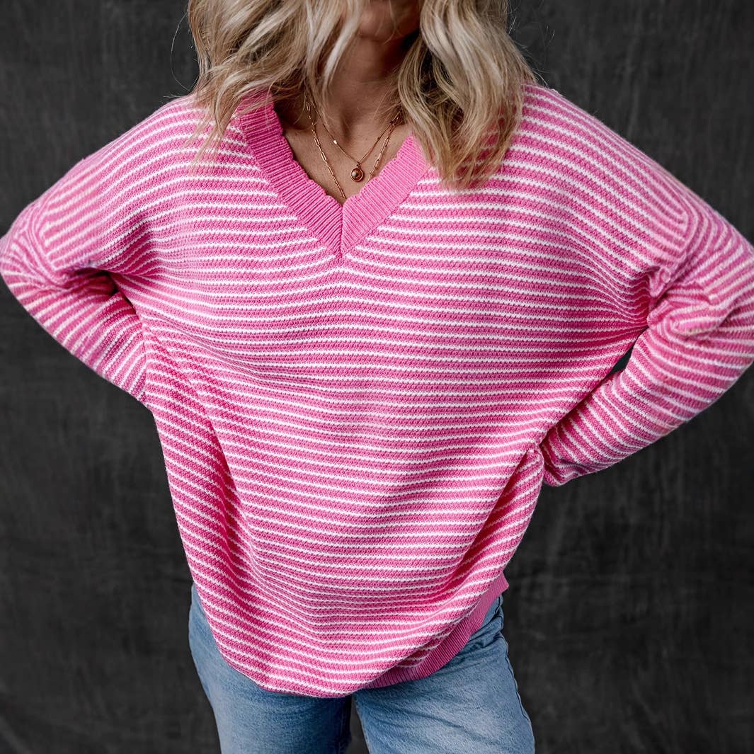 V-neck casual simple two-color striped sweater