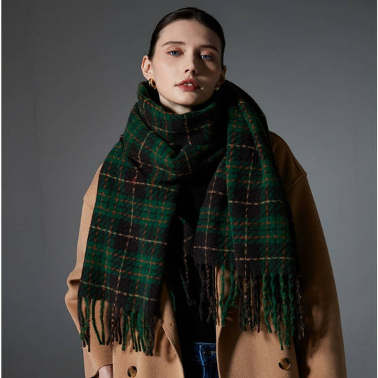 Green Plaid Fringe Scarf - Winter Wrap for Women