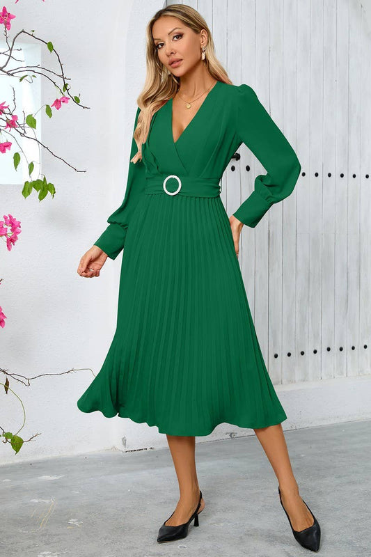 CWDMD3997_V-NECK PLEATED BELTED A-LINE MAXI DRESS