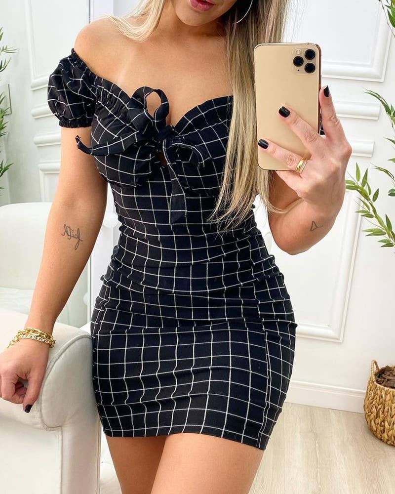PLAID PRINT OFF-THE-SHOULDER SEXY HIP WRAP DRESS