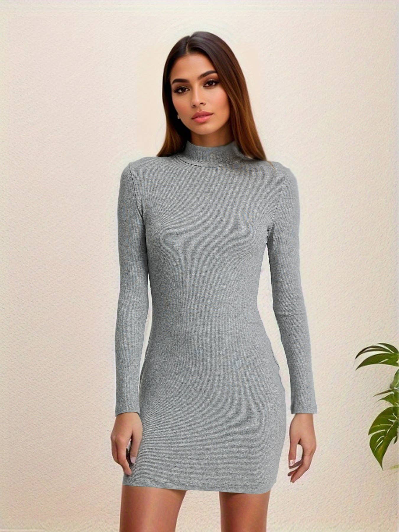 SLIM KNIT RIBBED LONG-SLEEVED SHORT DRESS