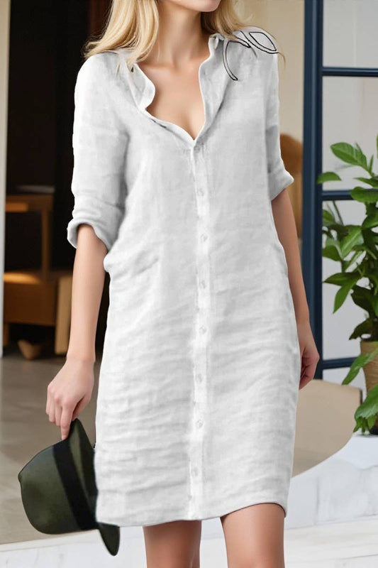 CWDSD10605_LOOSE LAPEL BUTTON SOLID COLOR SHIRT DRESS