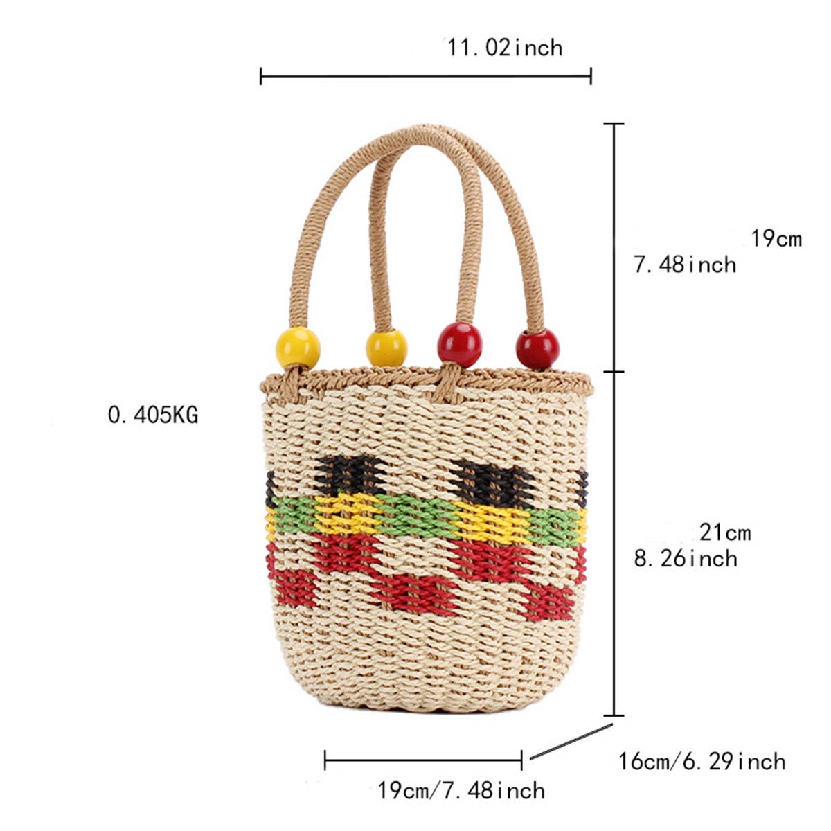 TWO-TONE BEADED PLAID STRAW BUCKET BAG_CWAB2110