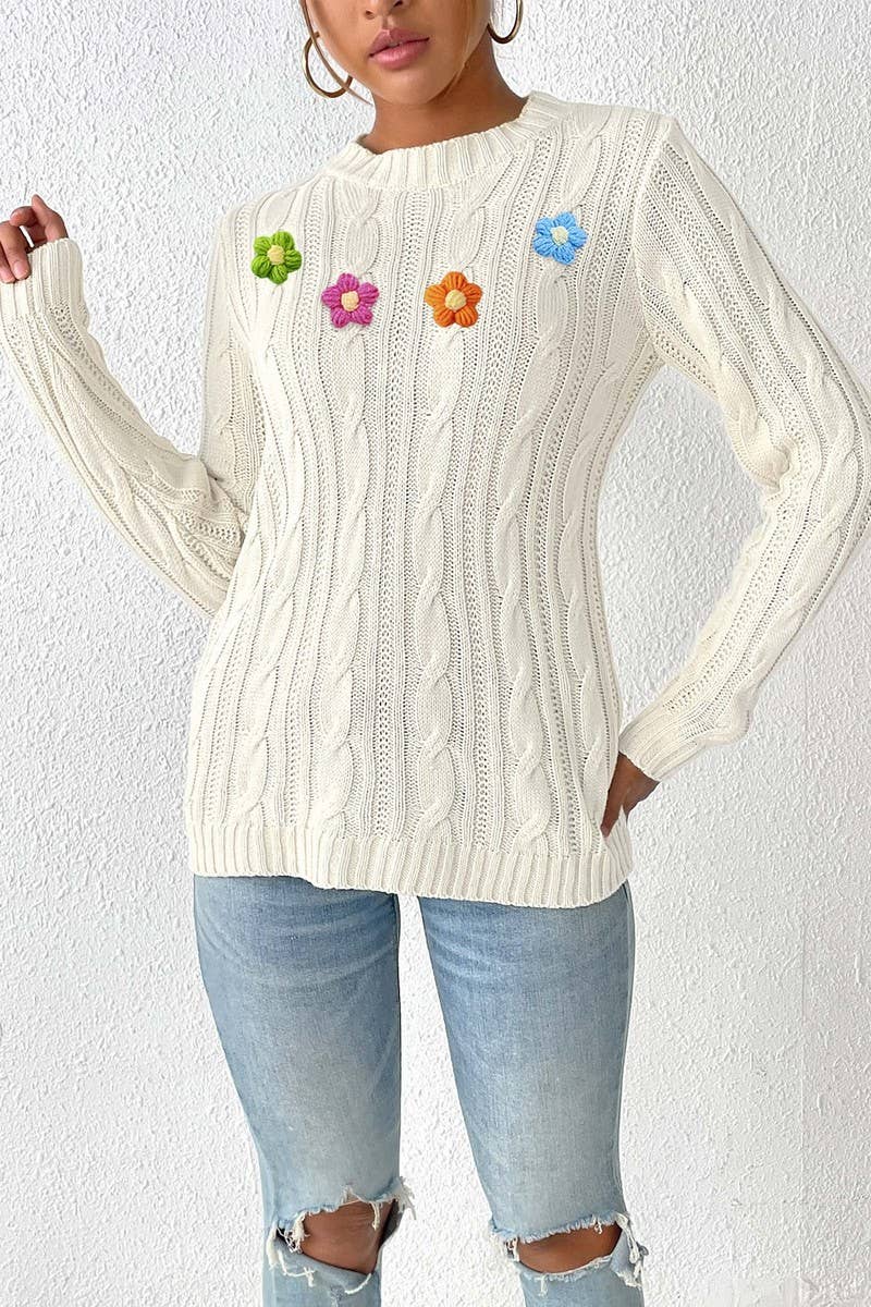 CWOSWL07409_WOMEN ROUND NECK KNIT SWEATER CROCHET PATCHWORK