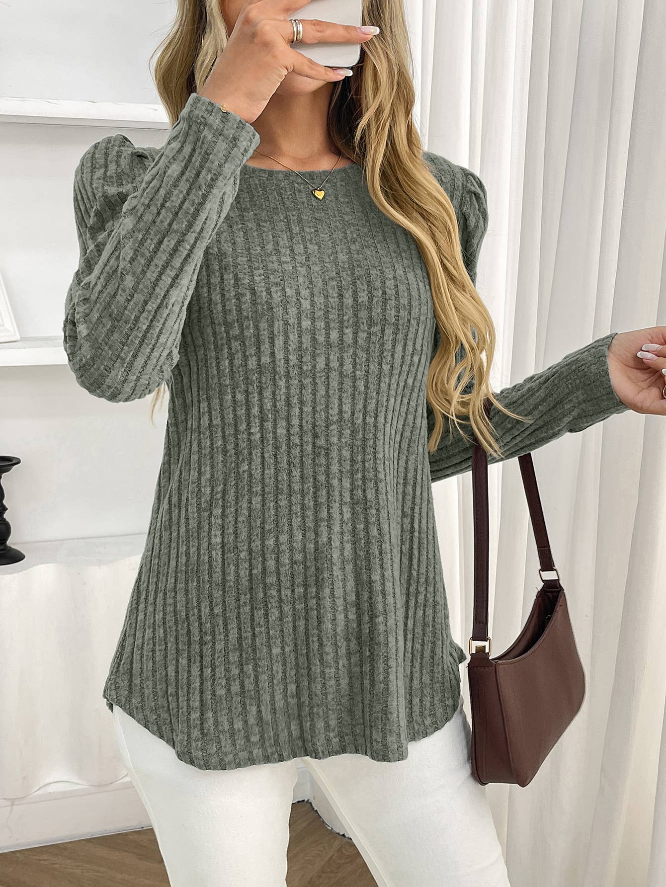 Round-neck puffed-sleeve brushed striped T-shirt