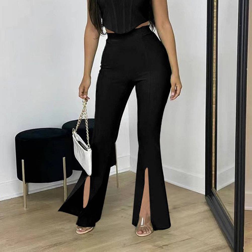 SLIM WAIST STRETCH SLIT SOLID COLOR CASUAL PANTS
