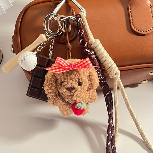 Fluffy Dog Doll Keychain with Bow & Cord