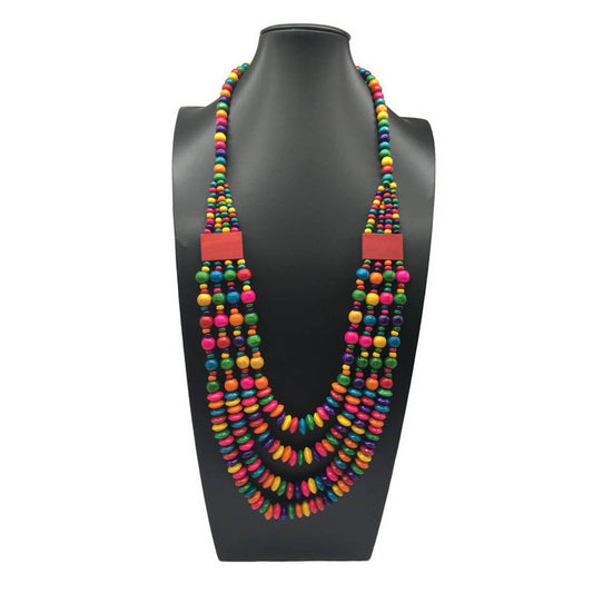 VINTAGE COLORFUL WOOD MULTI-LAYER BEADED NECKLACE