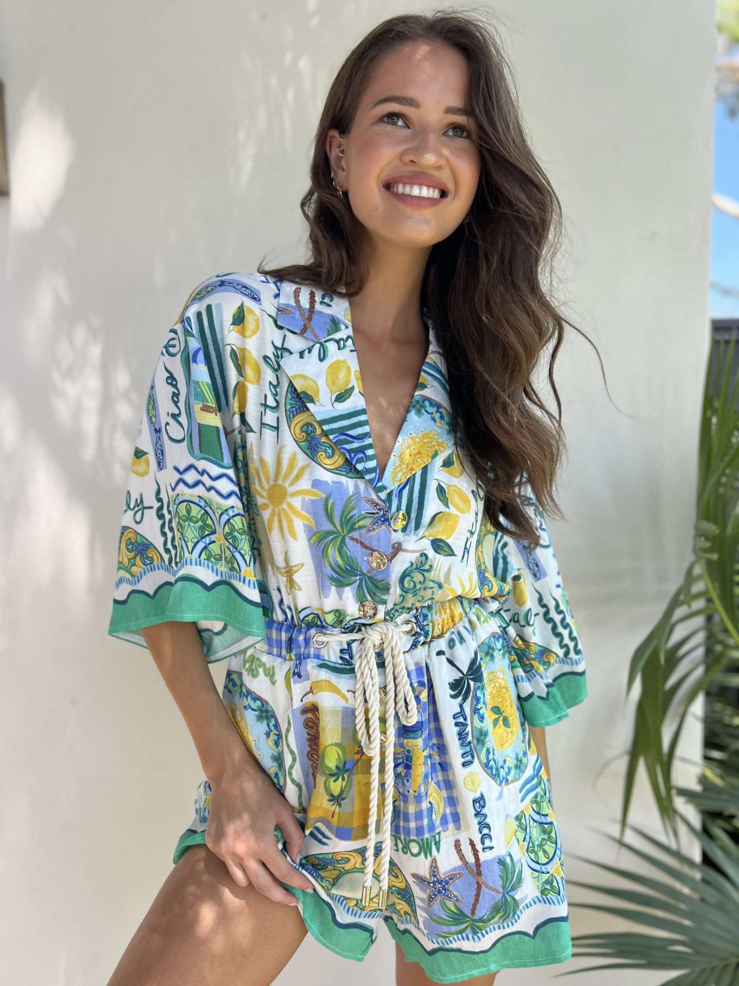 Holiday chic print casual lace-up romper