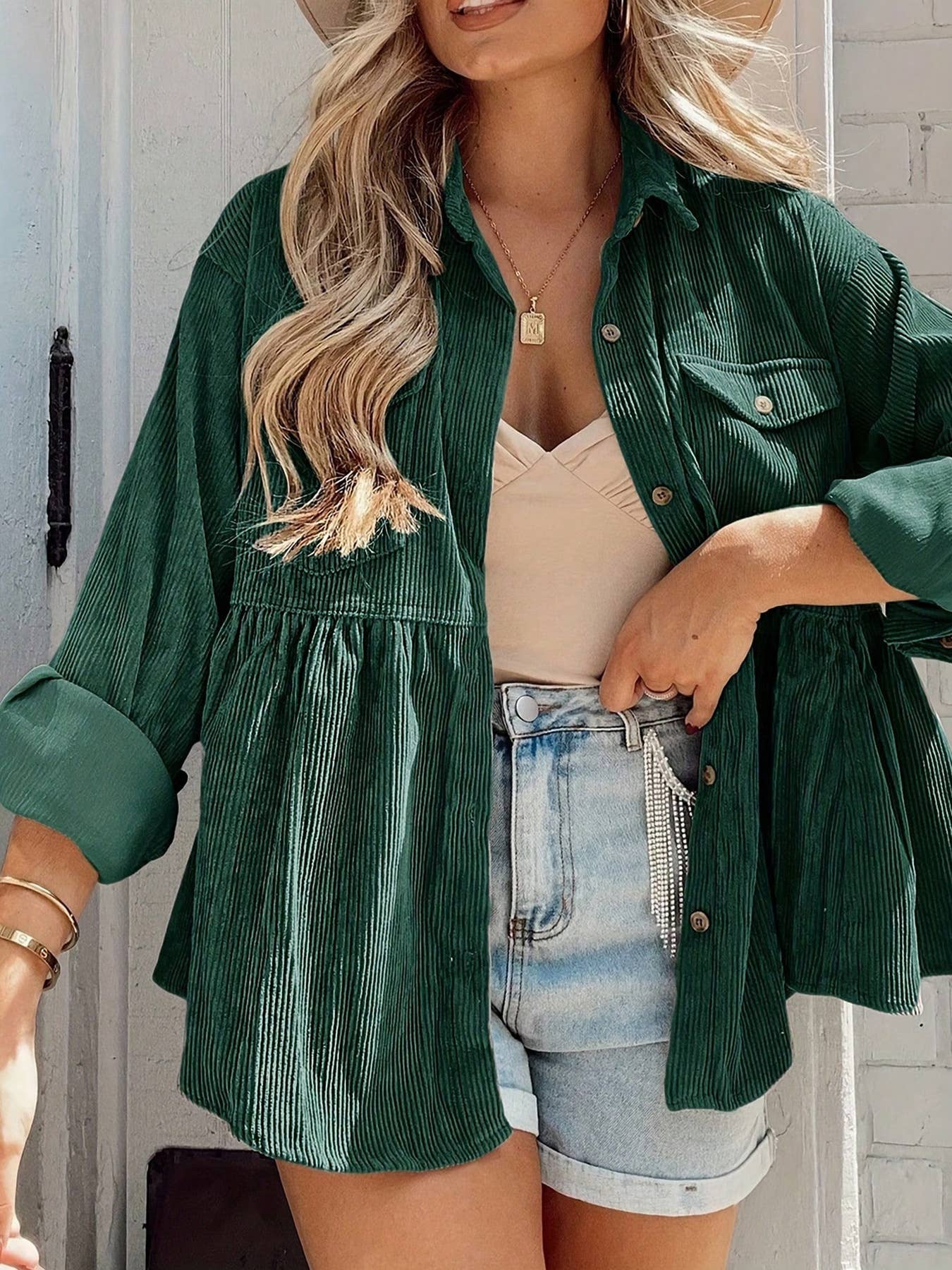 LAPEL SINGLE BREASTED CORDUROY PLEATED COAT