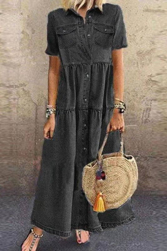 CWDMD6218_DENIM STYLE LONG MULTI-BUTTON DISTRESSED DRESS