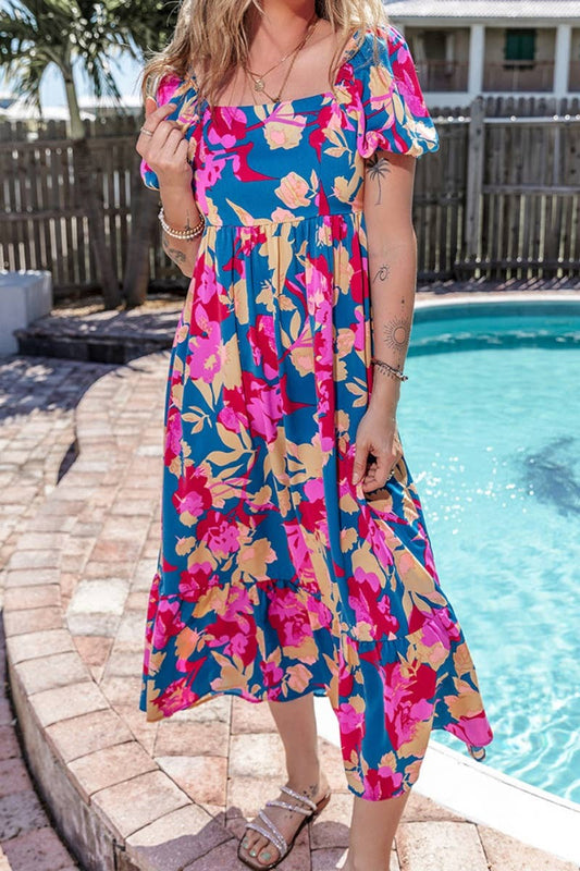 CWDMD3216_SHORT SLEEVE FLOWER HIGH-WAISTED DRESS LONG