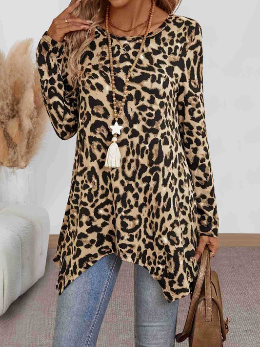 ROUND NECK LEOPARD PRINT KNIT STRETCH T-SHIRT