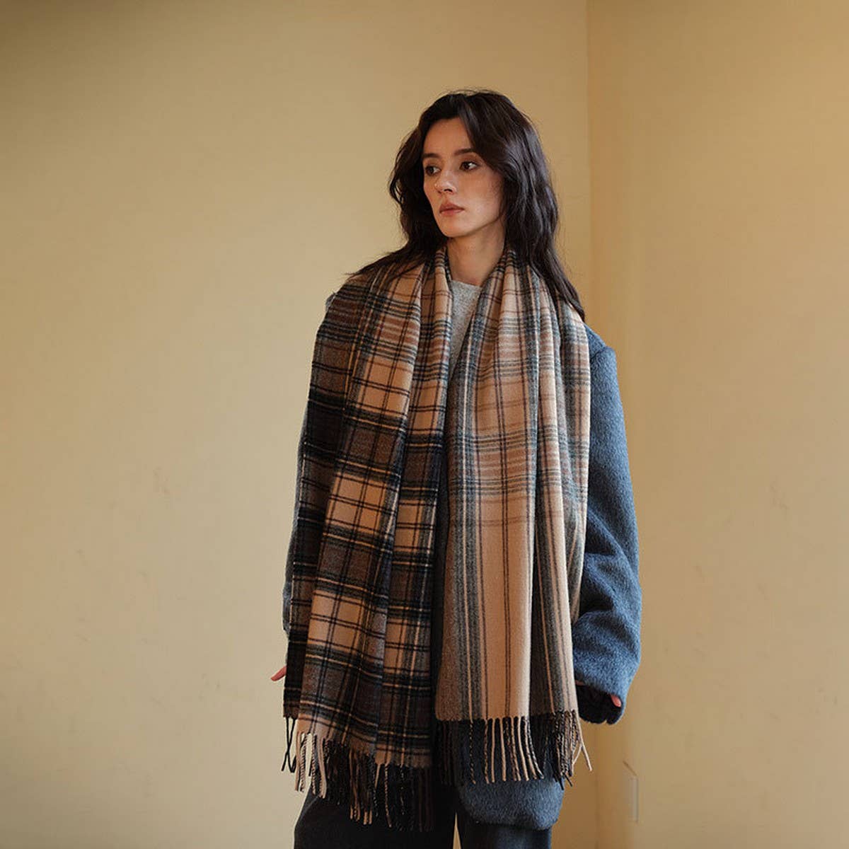 Melange Check Wool Scarf Double-Sided Shawl Unisex